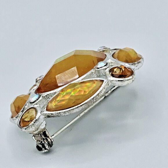 Citrine Jeweled Brooch Vintage Fire Gem AB Faceted Yellow Estate Jewelry Pin - Picture 6 of 9